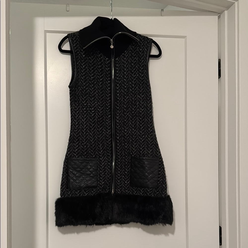 White House black market faux fur and wool long vest dress zip up
